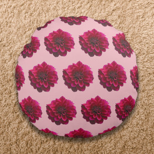 Deep Pink Dahlia Flower Seamless Pattern on Round Cushion