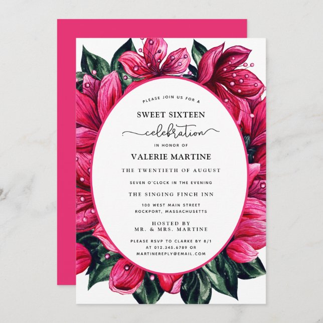 Deep Pink Floral Botanical Sweet Sixteen Party Inv Invitation (Front/Back)