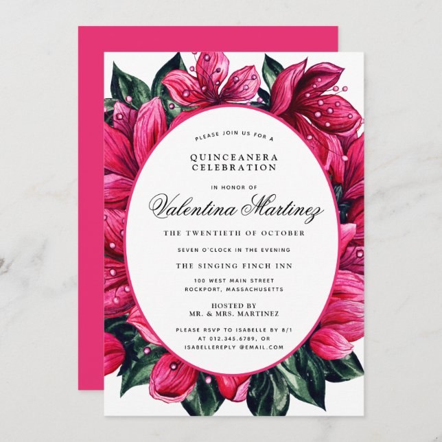 Deep Pink Floral Quinceanera Invitation (Front/Back)