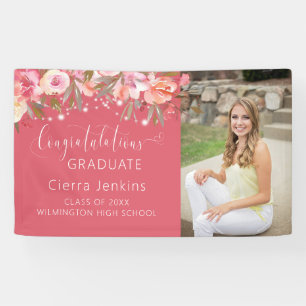 Deep Pink Floral String Light Graduation Banner