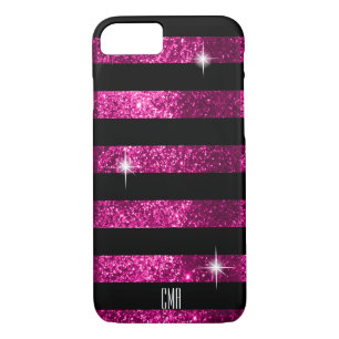 Deep Pink Glitter & Black Stripes   Monogram iPhone 8/7 Case