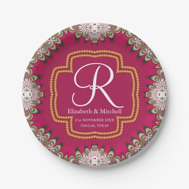 Deep Pink Gold Lacy Monogram Vibrant Energy Paper Plate (Front)