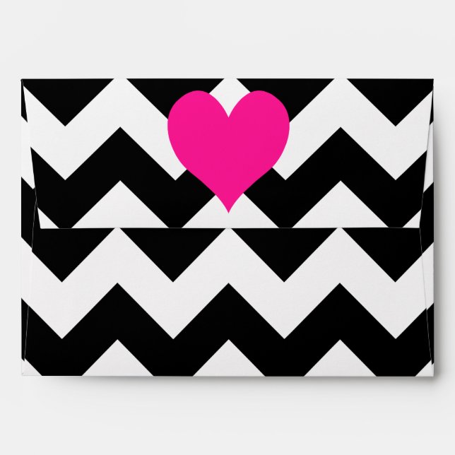 Deep Pink Heart on Black and White Zigzag Envelope (Back (Top Flap))