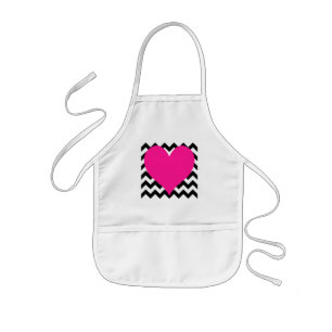 Deep Pink Heart on Black and White Zigzag Kids Apron