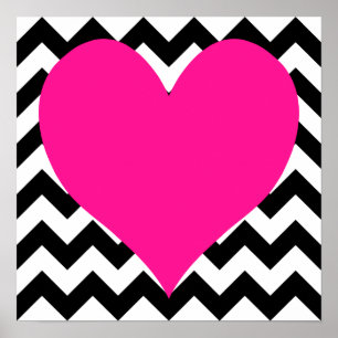 Deep Pink Heart on Black and White Zigzag Poster