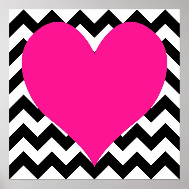 Deep Pink Heart on Black and White Zigzag Poster (Front)
