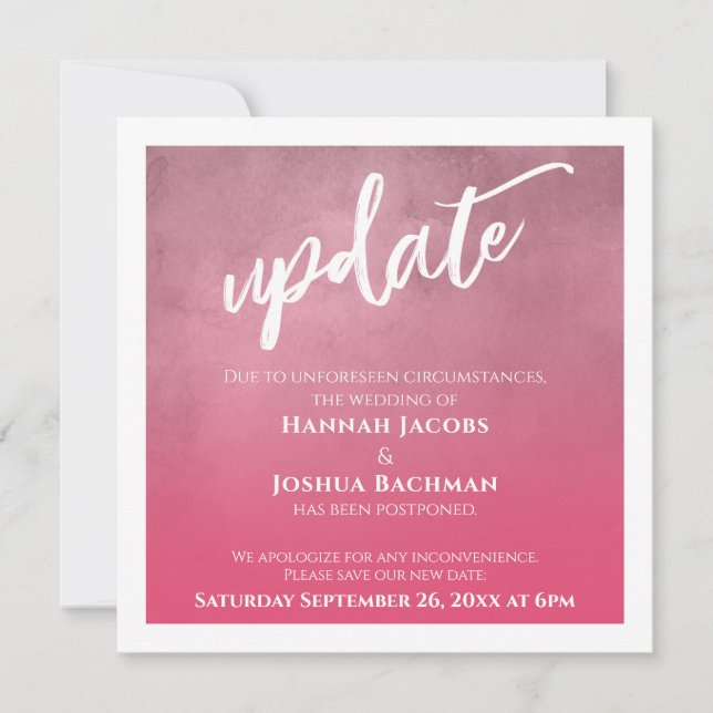 Deep Pink Ombre Postponed Wedding Update Card (Front)