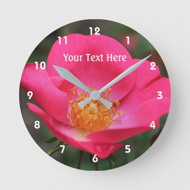 Deep Pink Rose In Bloom Flower Personalized Round Clock (Front)