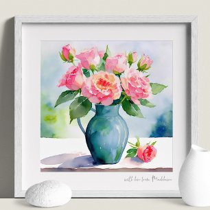 Deep Pink Roses Blue Vase Watercolor Print