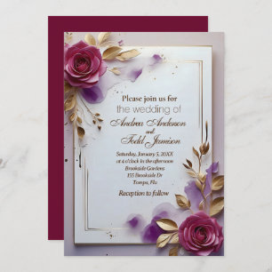 Deep pink roses gold leaf gold frame wedding  invitation