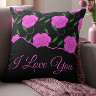 Deep Pink Roses On Black Love You Cushion