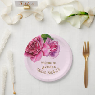 Deep Pink Watercolor Roses Bridal Shower Paper Plate