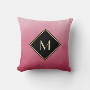 Deep Pink Watercolor With Black and Gold Monogram Cushion