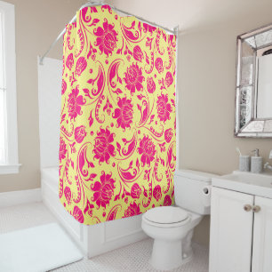 Deep-pink & yellow floral damasks pattern shower curtain