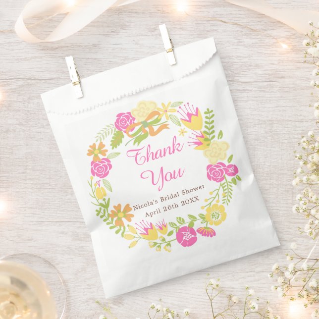 Deep Pink & Yellow Floral Wreath Bridal Shower Favour Bag (Clipped)