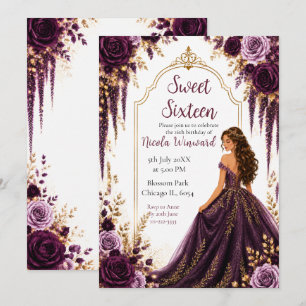 Deep Plum and Gold Floral Sweet Sixteen Invitation