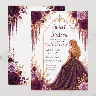 Deep Plum and Gold Floral Sweet Sixteen Invitation