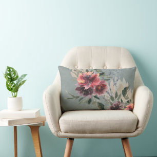 Deep Plum and Peach Peonies Distressed Grey   Lumbar Cushion