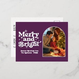 Deep Plum and Silver Merry & Bright Retro Xmas Foil Holiday Postcard
