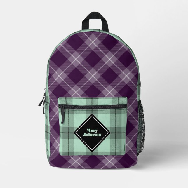 Deep plum and soft green Plaid  personalised  Printed Backpack (Front)
