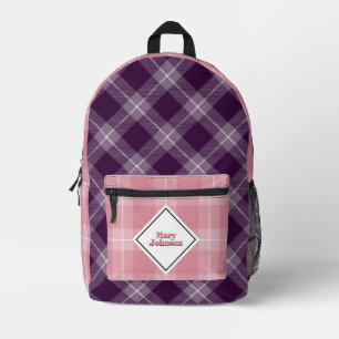 Deep plum and soft pink Plaid personalised Printed Backpack