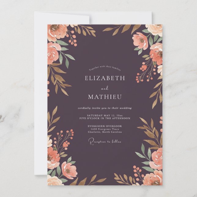 Deep Plum Apricot Wildflower Wedding Invitation (Front)