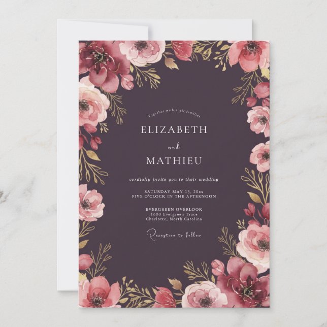 Deep Plum Blossom Wedding Invitation (Front)