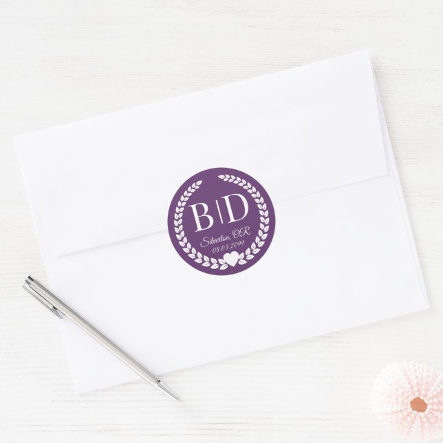 Deep Plum Bride and Groom Monogram Wedding  Classic Round Sticker (Envelope)