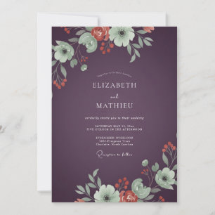 Deep Plum Coral Ranunculus Eucalyptus Wedding Invitation