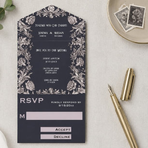 Deep Plum etched floral All in One Wedding Invite