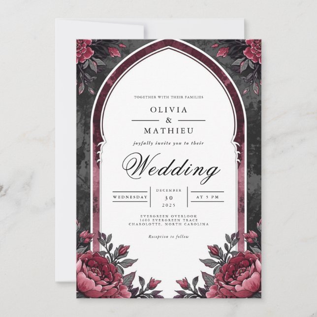 Deep Plum Floral Archway Wedding Invitation (Front)