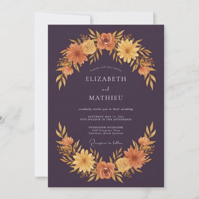 Deep Plum Floral Autumn Wedding Invitation (Front)