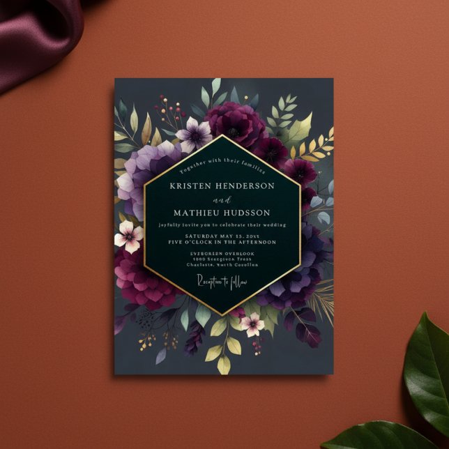 Deep Plum Floral Moody Wedding Invitation (Creator Uploaded)