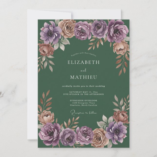 Deep Plum Floral Romance Wedding Invitation (Front)