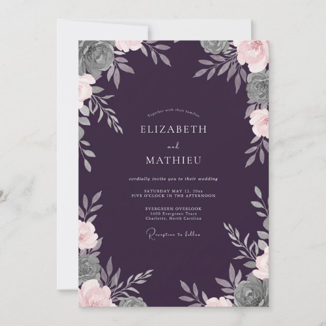 Deep Plum Foliage Soft Eucalyptus Wedding Invitation (Front)