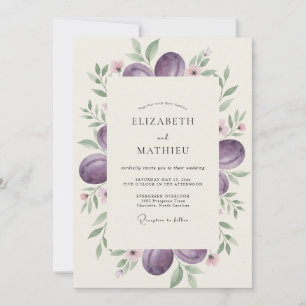 Deep Plum Fruit Grey Eucalyptus Wedding Invitation