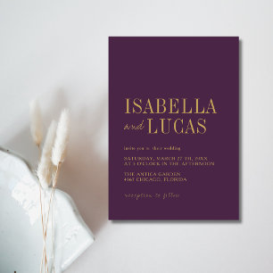 Deep Plum & Gold Minimalist Modern Wedding Invitation