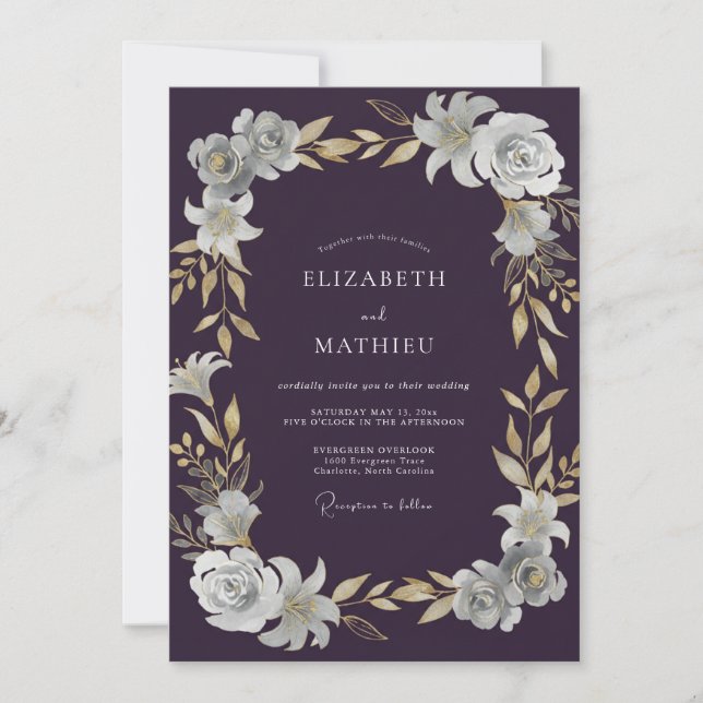 Deep Plum Leafy Wedding Invitation (Front)