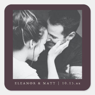 Deep Plum Minimalist Black and White Wedding Photo Square Sticker