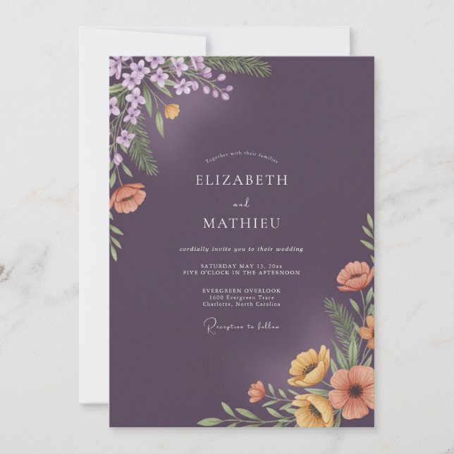 Deep Plum Peach Floral Wedding Invitation (Front)