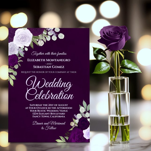 Deep Plum Purple & Lavender Boho Roses Wedding Invitation (Creator Uploaded)