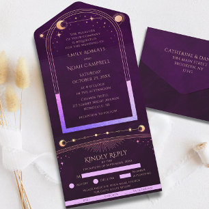 Deep Plum Rainbow Celestial Sun Moon Stars Wedding All In One Invitation