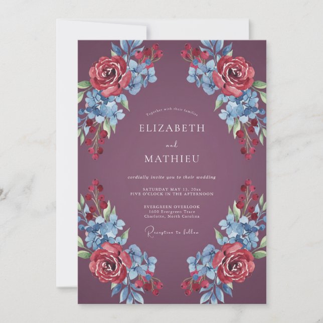 Deep Plum Romantic Floral Wedding Invitation (Front)