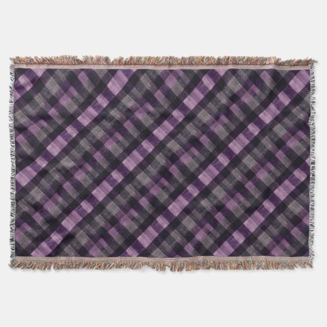 Deep Purple and Black Diagonal Plaid Throw Blanket (Front)