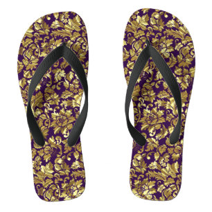 Deep Purple And Gold Floral Damasks Thongs