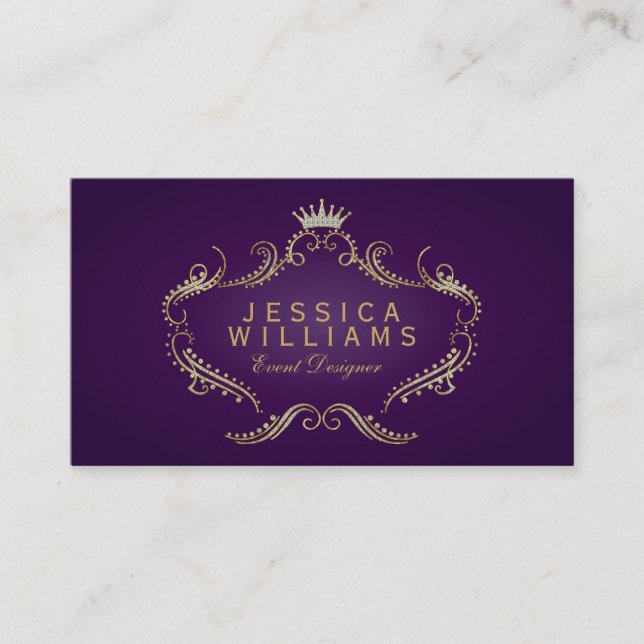 Deep Purple And Gold Glitter Ornate Frame 2 Business Card (Front)