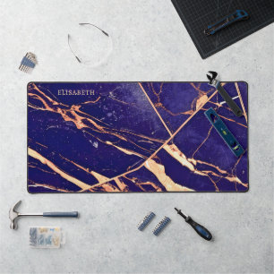 Deep Purple and Rose Gold Marble Add Name Monogram Desk Mat