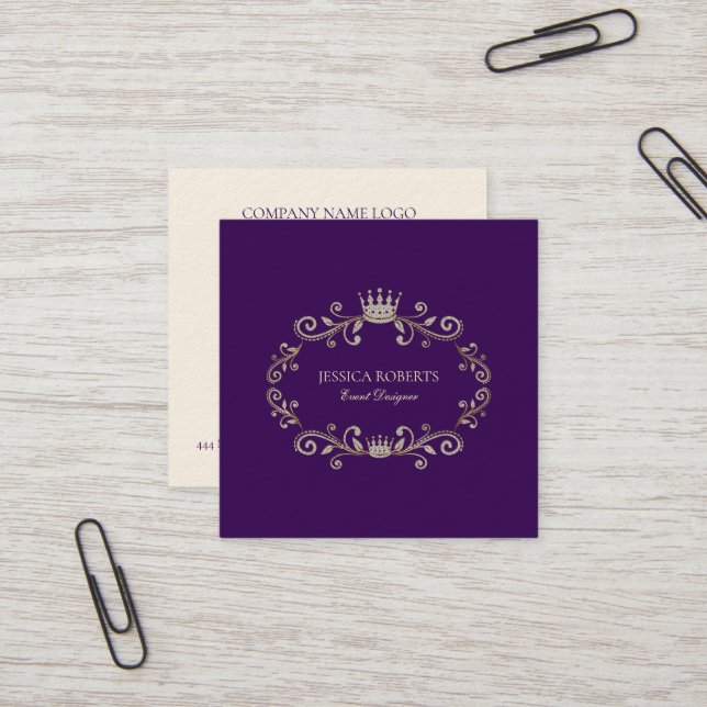 Deep Purple And Silver Glitter Ornate Frame  Square Business Card (Front/Back In Situ)
