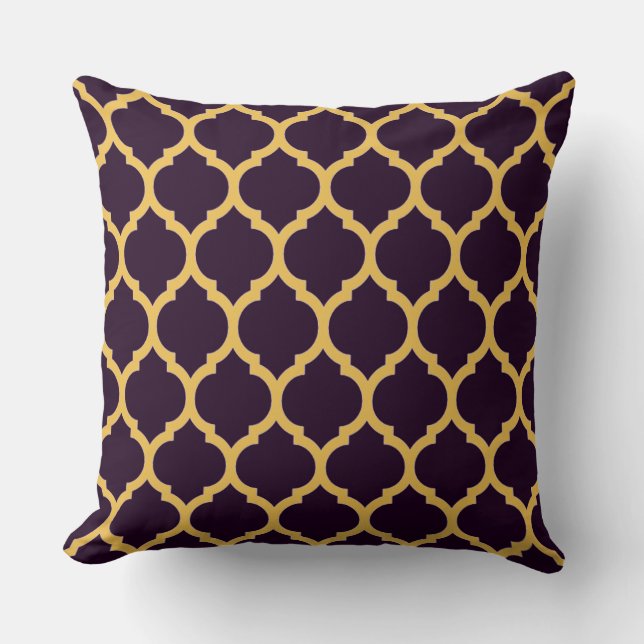 Deep Purple and Tan Moroccan Quatrefoil Pattern Cushion (Front)