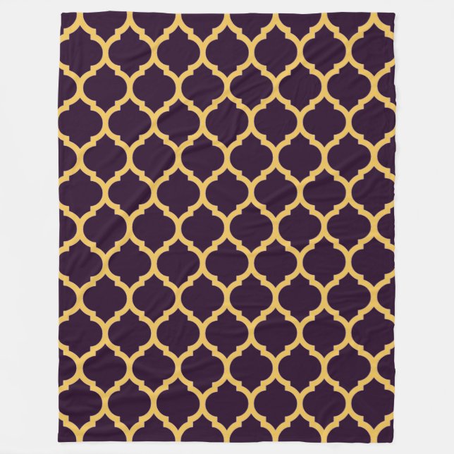 Deep Purple and Tan Moroccan Quatrefoil Pattern Fleece Blanket (Front)